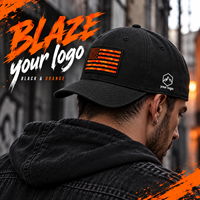 Casquette de baseball noire personnalisée avec patch étoiles et rayures orange, visière incurvée, ajustable, boîte cadeau, sac à cordon, vente en gros, OEM, streetwear