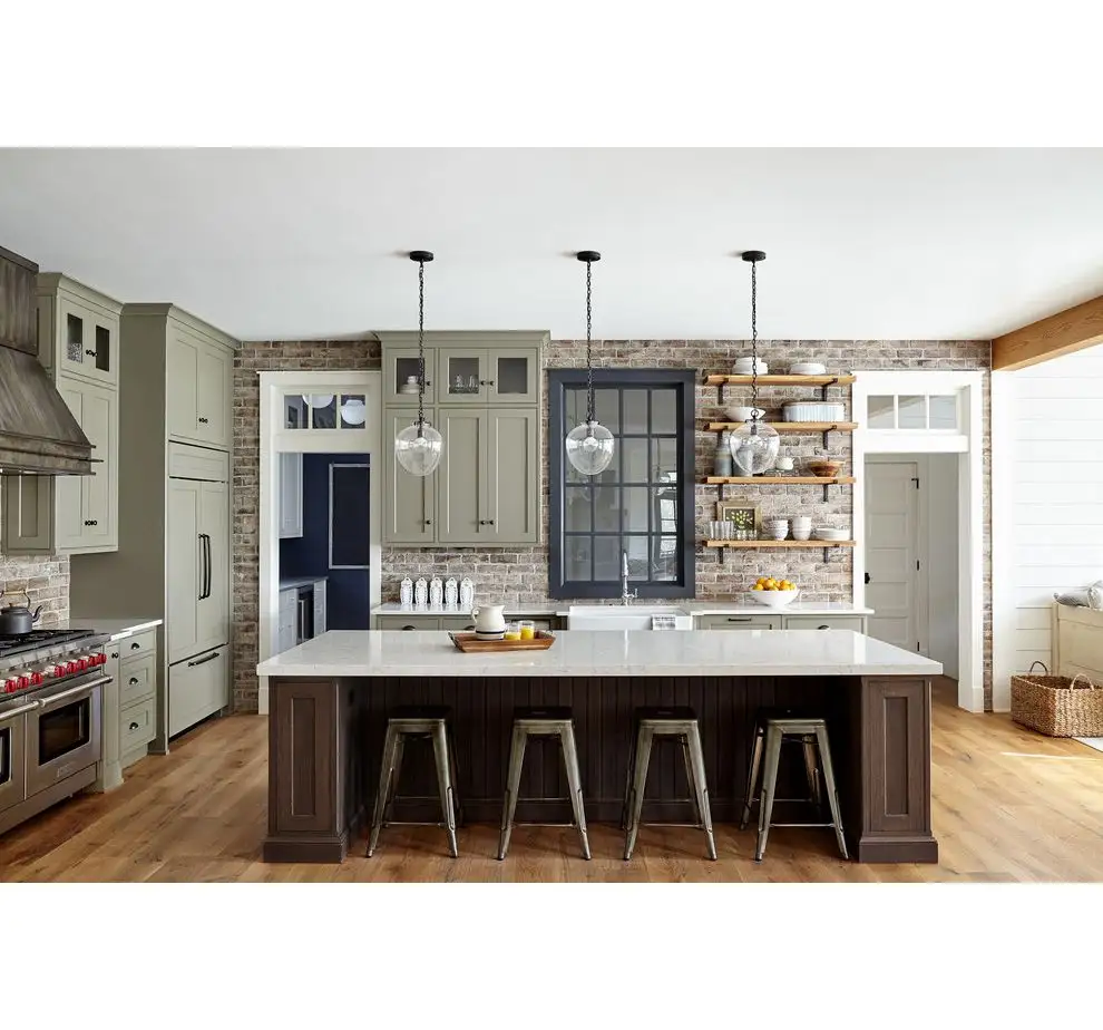 บ้านอเมริกันปรับแต่งห้องครัวไม้เนื้อแข็งที่มีสีโมเดิร์นชุดตู้ครัว