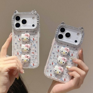 Fashion transparent cat ear diamond <b>camera</b> frame KT cute 3D <b>cartoon</b> phone case clear cover for iPhone 13 14 15 16 17Air - Product Image 1