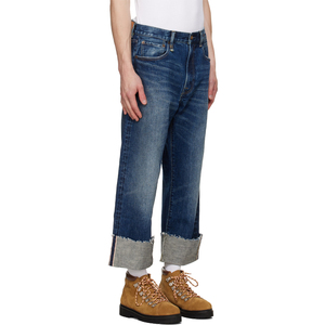 Custom High Quality Zip fly Straight Leg <b>Stretch</b> Selvedge Denim Jeans Raw Edge Blue Cuffed Boyfriend Jeans for <b>Men</b> - Product Image 4