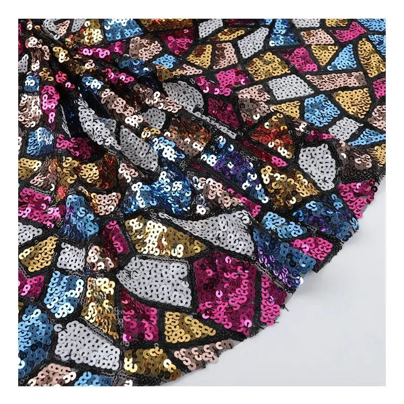 2019 High Quality Diamond Shaped Hollow Multicolor Glitter Sequin Mesh Fabric