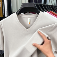 Nouveau T-shirt d'été en coton à col en V pour hommes d'âge moyen, décontracté, respirant, 220g, avec logos imprimés en sérigraphie couleur unie