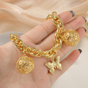 personnalisé wholesale thick link <b>copper</b> charm filigree hollow sphere butterfly femme lustrous polished 18k gold plated <b>bracelet</b> - Product Image 3