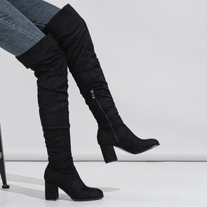 Bottes Longues en <span class=keywords><strong>Daim</strong></span> <span class=keywords><strong>Marron</strong></span> Noir BUSY GIRL XSD496 pour Femme, Chaussures d'Hiver Chaudes, Mode, Fermeture Éclair, Talons Épais 7,5cm, Cuissardes pour Dames - Product Image 3
