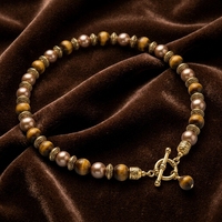 Bracelet perlé vintage plaqué or avec pierre œil de tigre et perle, personnalisable OEM/ODM, vente en gros