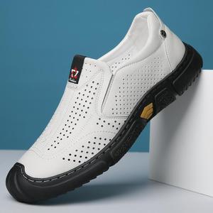 Mocassins en cuir blanc pour hommes, à bout rond, respirants, semelle en caoutchouc, chaussures décontractées de printemps - Product Image 1