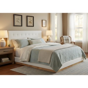 Adjustable <b>Convertible</b> Solid Rubber Wood King Platform <b>Bed</b> Upholstered Headboard Modern Tufted Design Sturdy Slat Support - Product Image 4