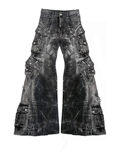 AeeDenim <span class=keywords><strong>Pantaloni</strong></span> <span class=keywords><strong>Cargo</strong></span> Personalizzati in Denim Gotico Hip Hop Y2K Lavato 100% Cotone <span class=keywords><strong>Jeans</strong></span> Larghi a Zampa per <span class=keywords><strong>Uomo</strong></span> - Product Image 1