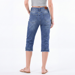 Jeans Capri de Cintura Alta Azul Oscuro para Mujer Talla Grande, Capris de Mezclilla Elástica hasta la Rodilla, <span class=keywords><strong>Pantalones</strong></span> Capri de Mezclilla Casuales para Mujer con Corte Curvo - Product Image 2