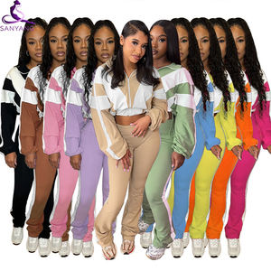 Completo Sportivo Donna Primaverile Due Pezzi, Giacca con Cerniera a Maniche Lunghe Color Block e <span class=keywords><strong>Leggings</strong></span> Aderenti - Product Image 1