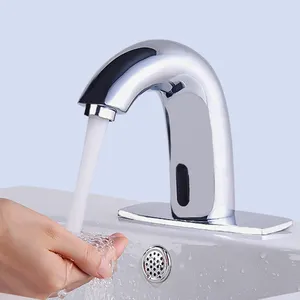 Grifo mezclador de lavabo de agua fría y caliente para baño, grifo de fregadero con Sensor de movimiento automático sin contacto con placa de cubierta