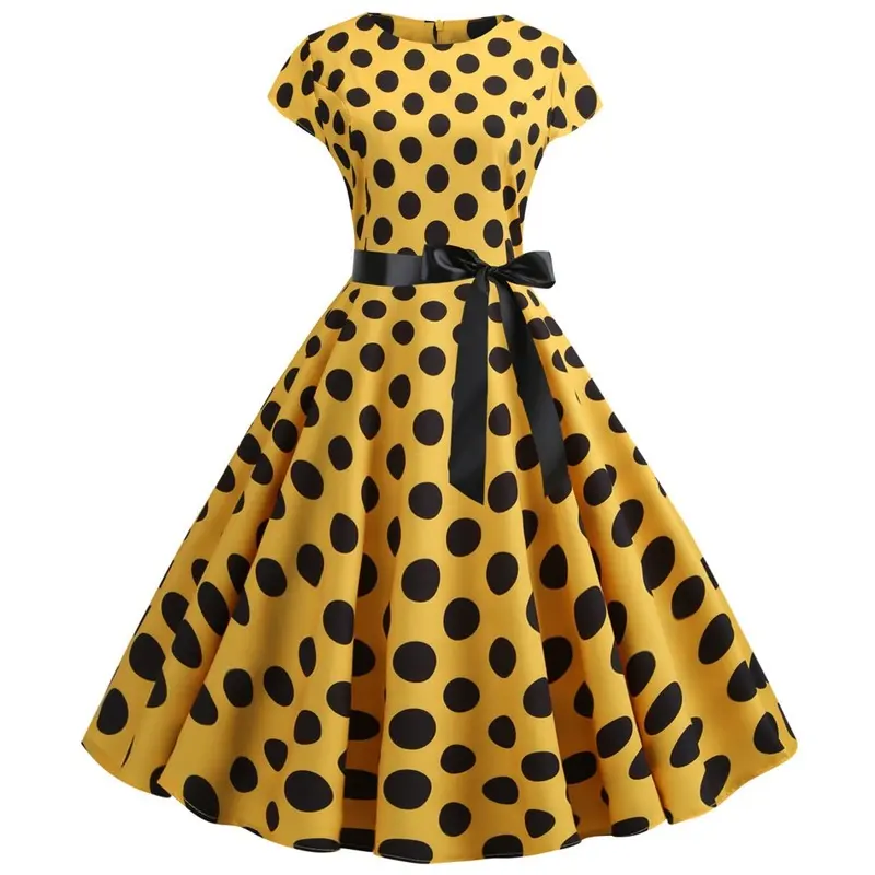 Polka Dot Print Summer Dress Vintage Women 50s 60s Swing Rockabilly Dress Floral Robe Femme