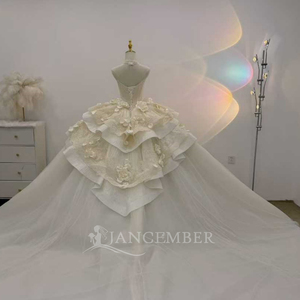 Robe de mariée de luxe Lsjj133, coupe ajustée, sans bretelles, en tulle, style robe de bal, avec traîne chapelle, longueur ras du sol, décolleté cœur, décorations florales en cristal - Product Image 2