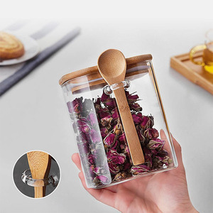 Modernes großes durchsichtiges Küchen-Lebensmittel-Quadrat-Bambusdeckel-Speicher-Glas-Glas-Glas-<span class=keywords><strong>Set</strong></span> mit Löffeln - Product Image 4