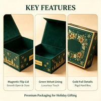 Boîte cadeau magnétique personnalisée vert foncé pour Noël, avec impression florale dorée, boîte rigide pour coffret cadeau de Noël, emballage OEM