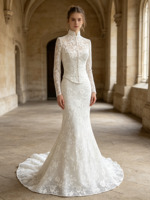 Robe de mariée sirène en polyester à col montant, style veste, avec appliques en dentelle ivoire et traîne chapelle pour cérémonies de mariage OEM ODM