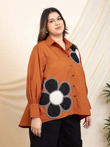 Chemise Femme Grande Taille en Coton Uni avec Appliques Florales et Patchwork, Col Rabattu, Manches Bouffantes Longues, Style Occidental Décontracté pour Soirée - Product Image 3