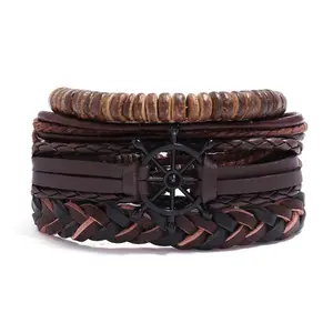 Mới Nhiều Lớp Rộng Bọc Da Đen Bracelet Set Cho Nam Giới Bán Buôn 3-4 Cái Vintage Men S Phụ Kiện Neo Lá Owl Bracelet