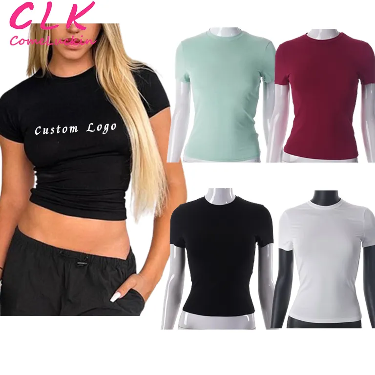 Groothandel Custom Logo Zomer Effen Kleuren Streetwear Korte Mouw Casual Vrouwen Basis Crop Tops T-Shirt