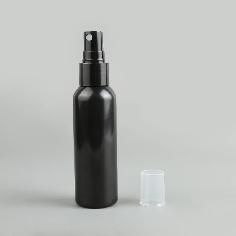 RTS 2 OZ 60ml Zylindrische runde Schulter PET Schwarze Plastiks prüh flasche mit schwarzem feinem Sprüh kopf