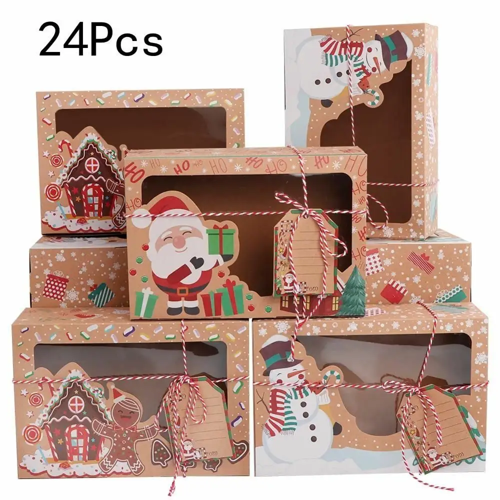Рождественская коробка из крафт-бумаги, коробки для печенья, праздничные детские новогодние коробки для печенья из крафт-бумаги, подарочные коробки для конфет с окошком, Подарочная этикетка
