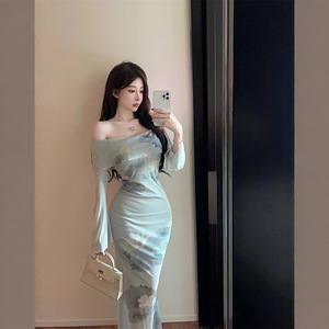 Off Shoulder Mesh Long Sleeve Dress Women Summer Slim Fit Bodycon Fishtail Printed Flower Chinoiserie Evening Dress - Product Image 2