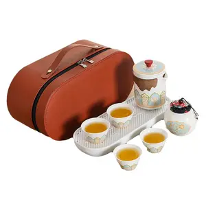 Outdoors Portable Ceramic Travel Tea Set Kung Fu Tea Infuser Four Cups In A Pot Japanese Teapot Set