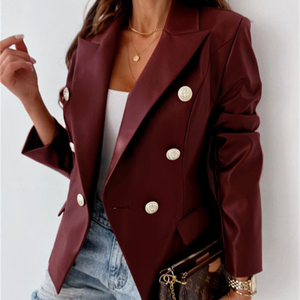Blazer da <span class=keywords><strong>donna</strong></span> in <span class=keywords><strong>ecopelle</strong></span> <span class=keywords><strong>giacca</strong></span> da <span class=keywords><strong>donna</strong></span> a maniche lunghe doppiopetto Vintage in PU soprabito da <span class=keywords><strong>donna</strong></span> di alta qualità - Product Image 1