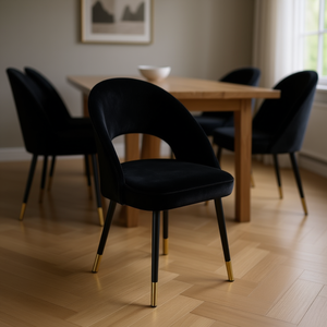 Silla de Comedor Homeera HLR-66 de Terciopelo Negro, Moderna, Tapizada, Contemporánea, con Patas de Hierro y Detalles Dorados - Product Image 2