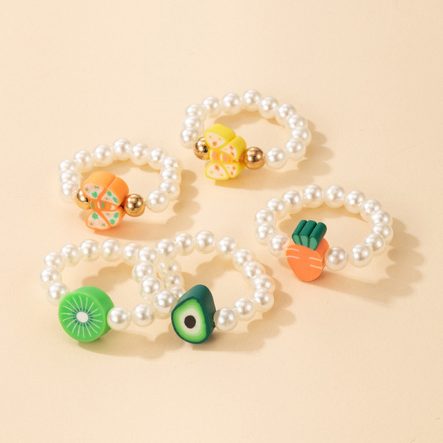 Wholesale Fashion 5pcs/set Resin Flower Love Ring Fruits Handmade Ring Pearl Ring Jewelry for Girls Women