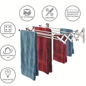 Fold-Away Movable Stainless Steel Wall Mounted Home Bathroom Balcony <b>Laundry</b> Clothes Airer Drying Rack Retractable Hanger Dryer - Product Image 3