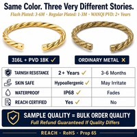 Bracelet manchette torsadé haut de gamme plaqué or PVD 18 carats en acier inoxydable, prêt à l'expédition en gros