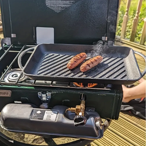 Plaque de cuisson en fonte pré-culottée antiadhésive à double poignée pour grillades en camping en plein air - Product Image 4