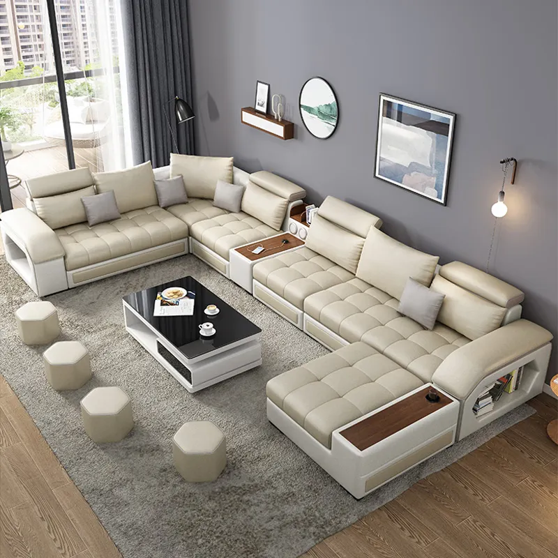 Modern tasarım fonksiyonel kumaş ahşap yastık bej I şekli salon 7 kişilik kesit kanepe Set mobilya kanepe oturma odası kanepeleri