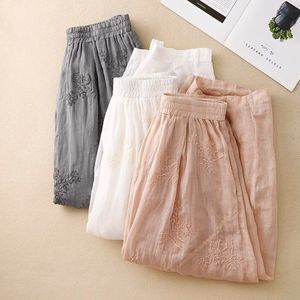 Women's Cotton Linen Harem Pants High Waist <b>Elastic</b> Breathable Retro Embroidery Casual Lantern Pants Gray White Pink - Product Image 1