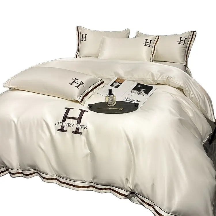 Doble de lujo de seda Natural, ropa de cama Set 4 Pcs de Color puro Stainquilt cubierta de funda nórdica sábana fundas de almohada
