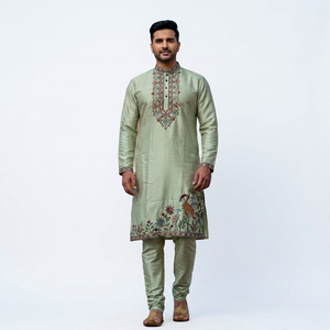 <b>Men's</b> Light Green Embroidered Soft <b>Silk</b> <b>Pajama</b> Traditional Indian Pakistani Wedding Festival Wear Regular Fit Quick Dry - Product Image 1