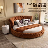 Lit double rond rembourré en velours personnalisé, cadre en bois massif, brun caramel, pour chambre à coucher et hôtel