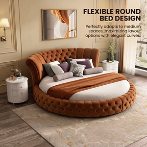 Cama Redonda Dupla Estofada em Veludo Personalizada, Estrutura de Madeira Sólida, Marrom Caramelo, para Quarto e Hotel - Product Image 3