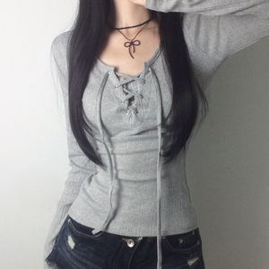 Blusa Casual de Manga Larga para Mujer, Color Sólido, Cuello en U, Diseño con Cordones y Ojales, Uso Diario Básico - Product Image 2