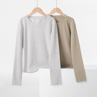 T-shirt pour femmes pour le printemps et l'automne, décontracté, couleur unie, manches longues, col rond, coton, élasthanne, vêtements respirants