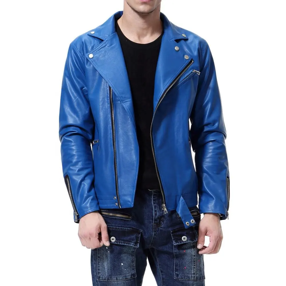 Factory Wholesale Winter Men Blue Faux Leather Motorcycle Jacket Plus Size 5XL Coat