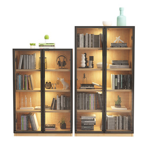 Solid Wood Minimalist Glass <b>Door</b> Bookcase With Motion <b>Sensor</b> Light Floor Standing Display Cabinet Office Dustproof Wooden - Product Image 4