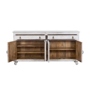 Large Hand-Carved Wooden <b>Sideboard</b> - Whitewashed 4-Door Buffet Cabinet - Boho Chic Media Console - Ornate Floral Credenza - Product Image 4
