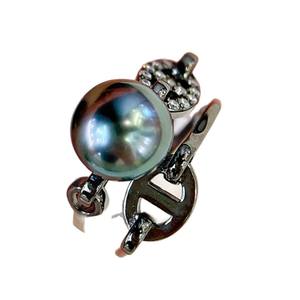 High-End <b>Black</b> Silver Pig <b>Nose</b> Peacock Green Pearl <b>Ring</b> New Boutique 9-10mm Round Flawless Rhodium & Silver Plated Inlay Setting - Product Image 5