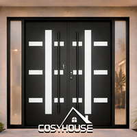 Porte d'entrée double moderne de luxe avec panneaux décoratifs en bois à grain géométrique pour entrée de villa