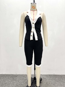 Women's Elegant Sleeveless Contrast-Color Cardigan Vest Top With Cropped <b>Pants</b> - African-Style 2-Piece Set Fashion - Product Image 6