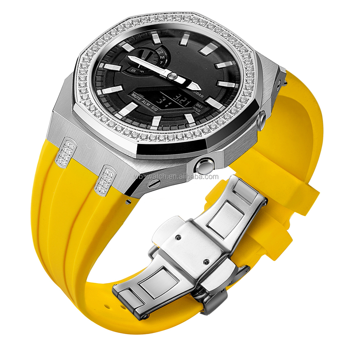 Boîtier argenté + bracelet jaune
