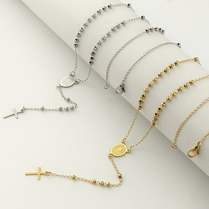 Collana da Donna di Lusso Leggero con Croce e <span class=keywords><strong>Rosario</strong></span> in Acciaio Inossidabile Stile Europeo Americano, con Perline Religiose Cristiane - Product Image 1