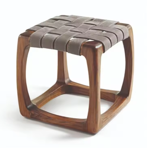 Modern Eco-Friendly Solid Teak Wood Handmade <b>Storage</b> Foot <b>Stool</b> with Woven Leather Seat for Bedroom & Hotel Use - Product Image 2